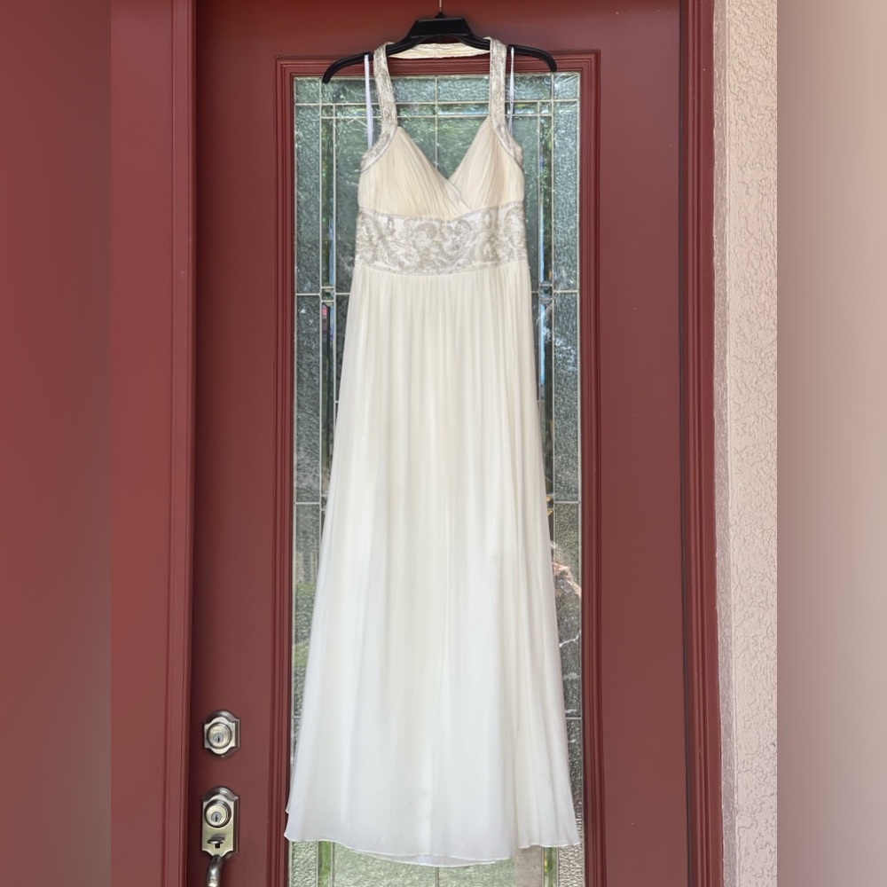 OC by Oleg Cassini Womens Ivory Maxi Halter Evening Gown Silk Beaded Sz 8